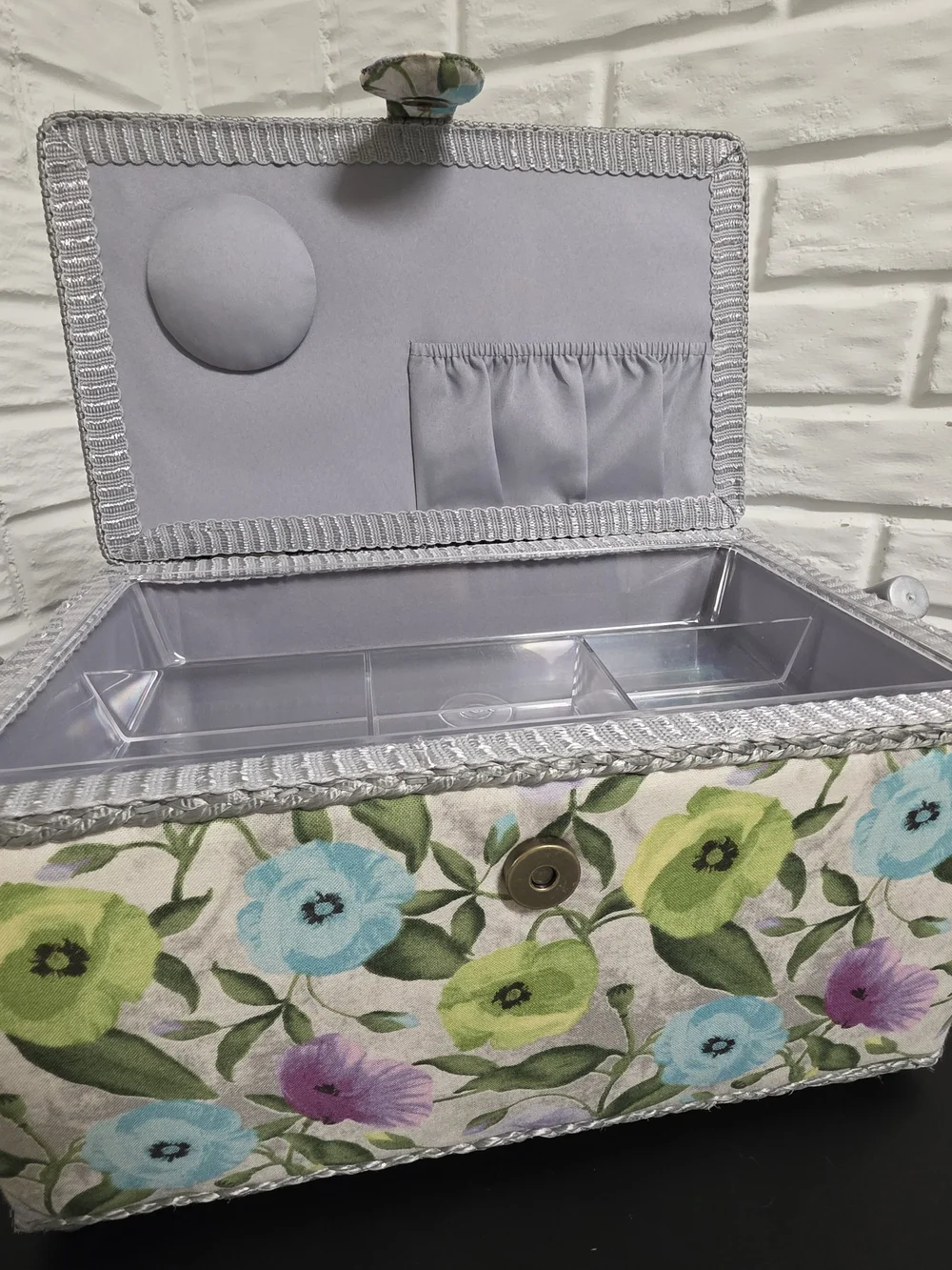 Floral Fabric Sewing Basket Rectangle Craft Organizer Box Gray Trim